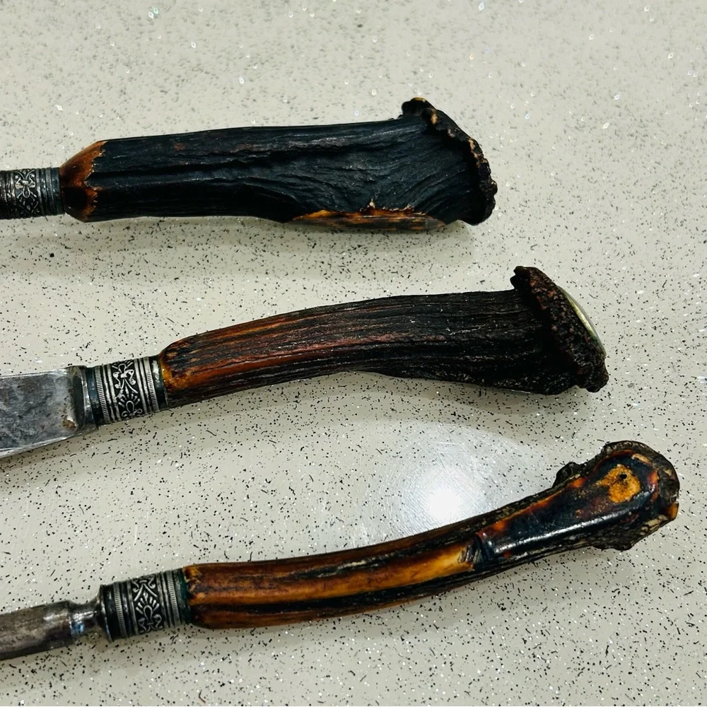 VTG~3 Pc.‎ Carving Set~Stag Handles~Goodell Co. Antrim, NH~Knife, Fork, Sharping